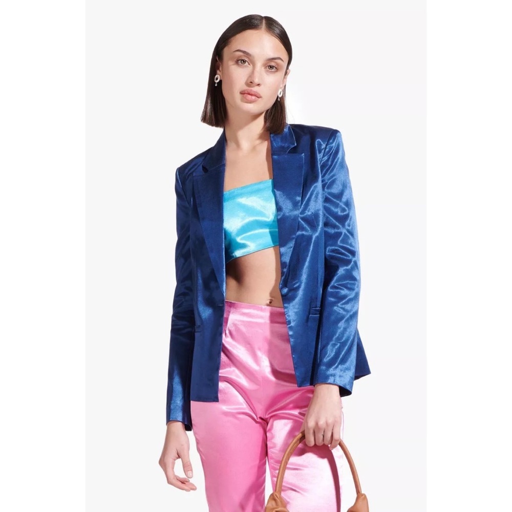 Staud Madden Cotton blend satin blazer midnight